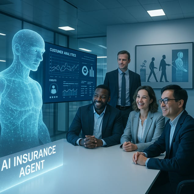 The image depicts a futuristic office space sleek and minimalist bathed in soft blue and white lighting In the foreground a holographic display showcases an autonomous AI insurance agent represented by a humanoid figure composed of shimmering digital