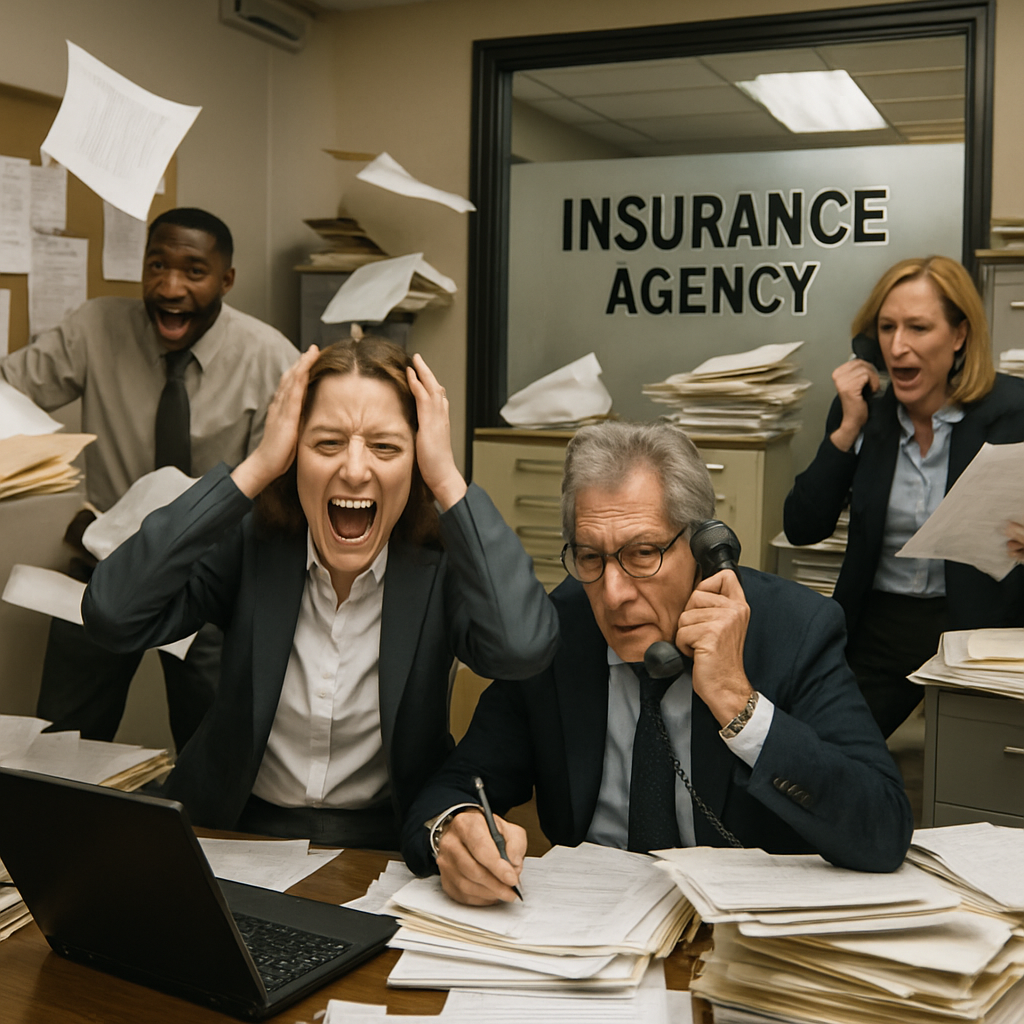 photographic show me a insurance agency with agents in total chaos-1