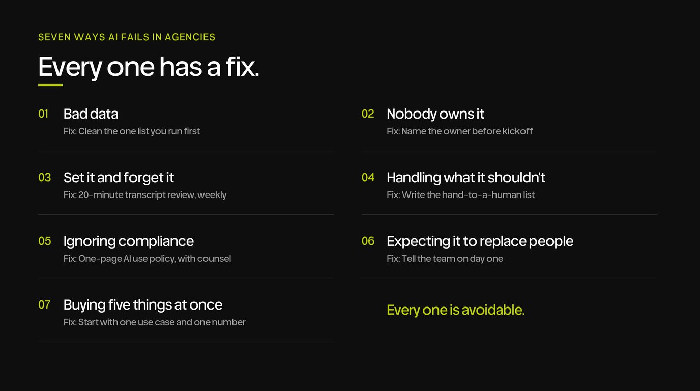 Seven ways AI fails in insurance agencies, each with a one-line fix
