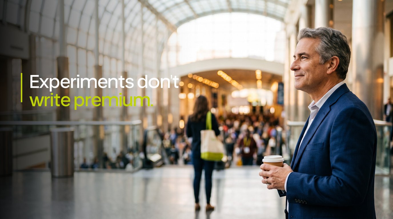 An insurance agency owner holding a coffee in a bright convention center atrium, with the words Experiments don't write premium