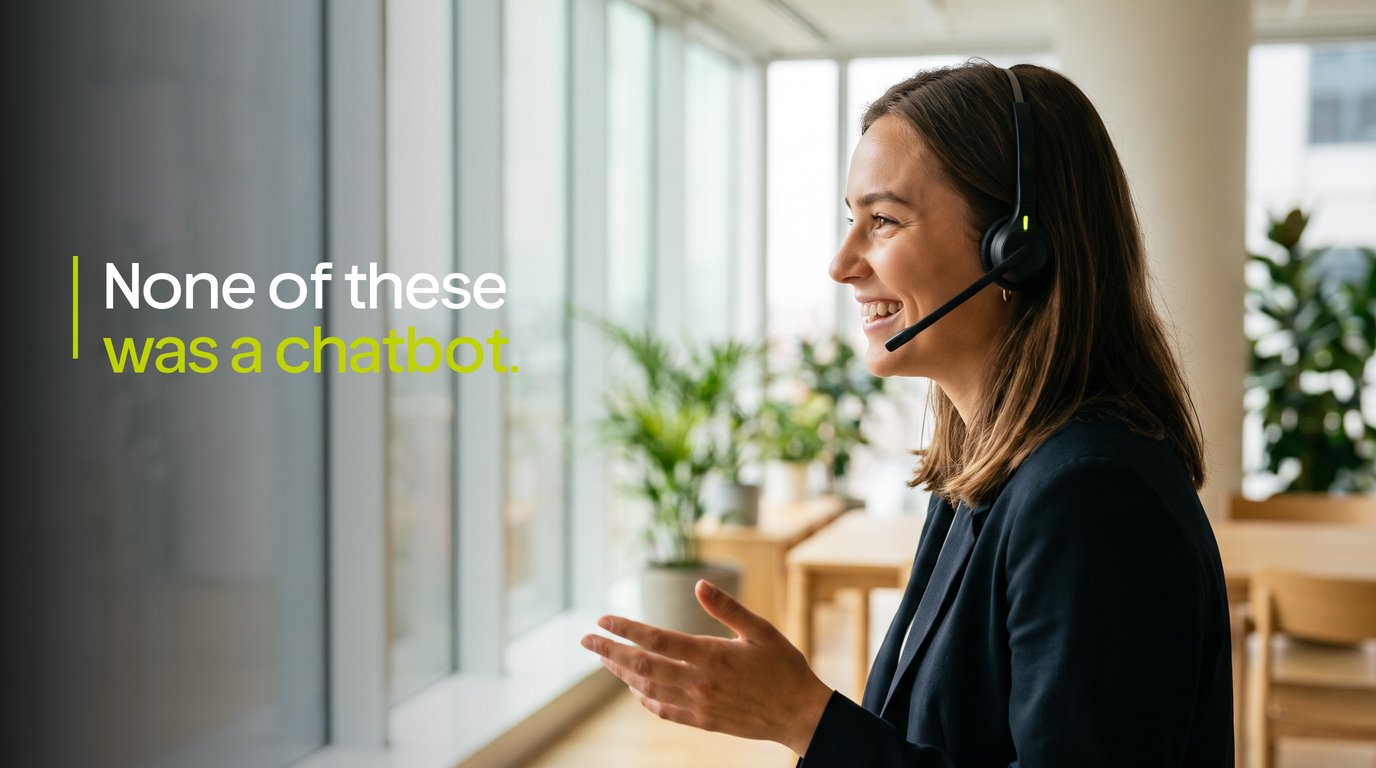 An insurance producer on a headset mid-conversation in a bright office, with the words None of these was a chatbot