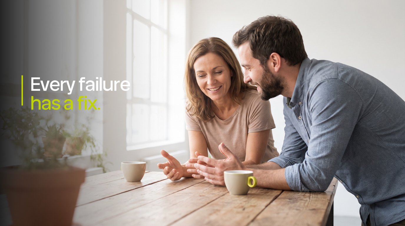 An agency owner and operations manager working through a problem at a bare wooden table, with the words Every failure has a fix