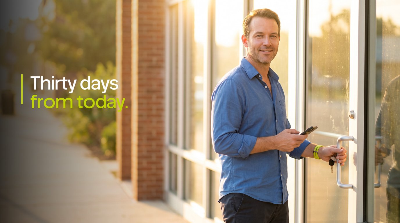 An agency owner unlocking his office door at sunrise, with the words Thirty days from today