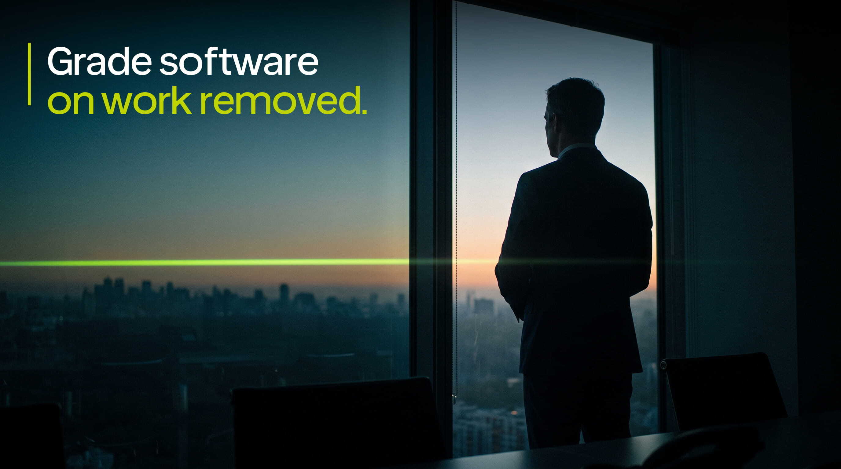 Insurance agency owner at a window at dawn with a lime line of light widening across the horizon