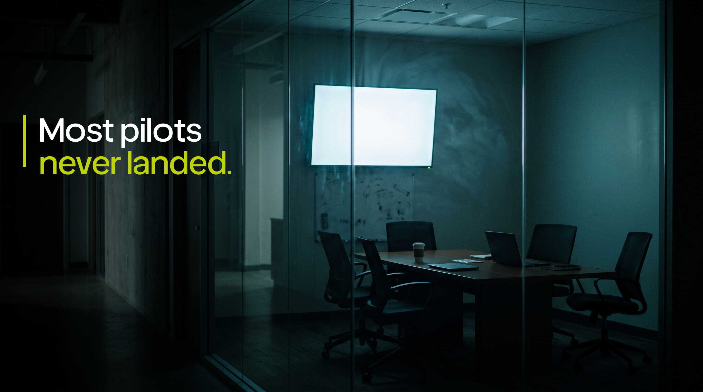 An abandoned conference room in an insurance agency with a screen still on, illustrating an AI pilot that quietly ended