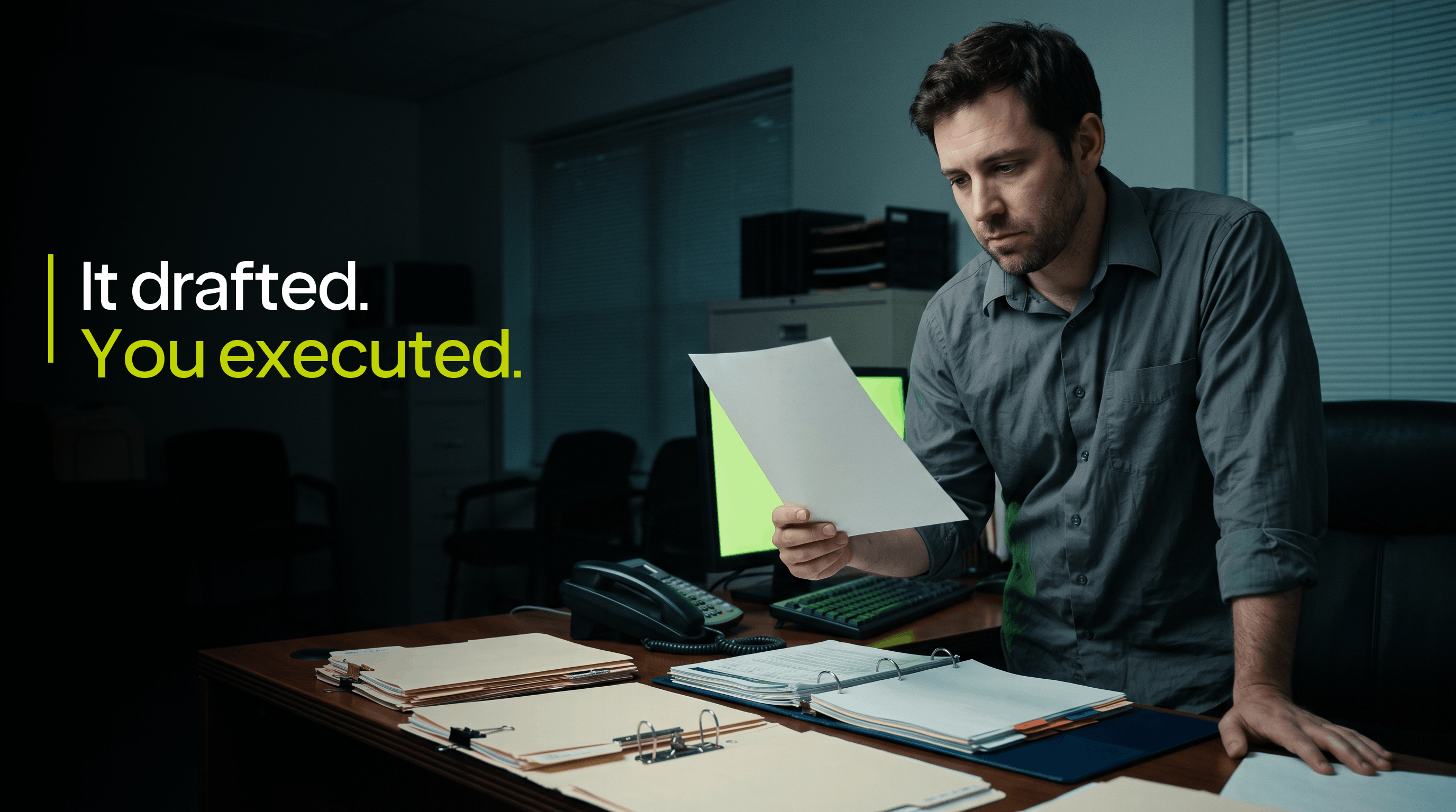 Insurance producer holding a printed AI draft while the real work still waits on the desk beneath it