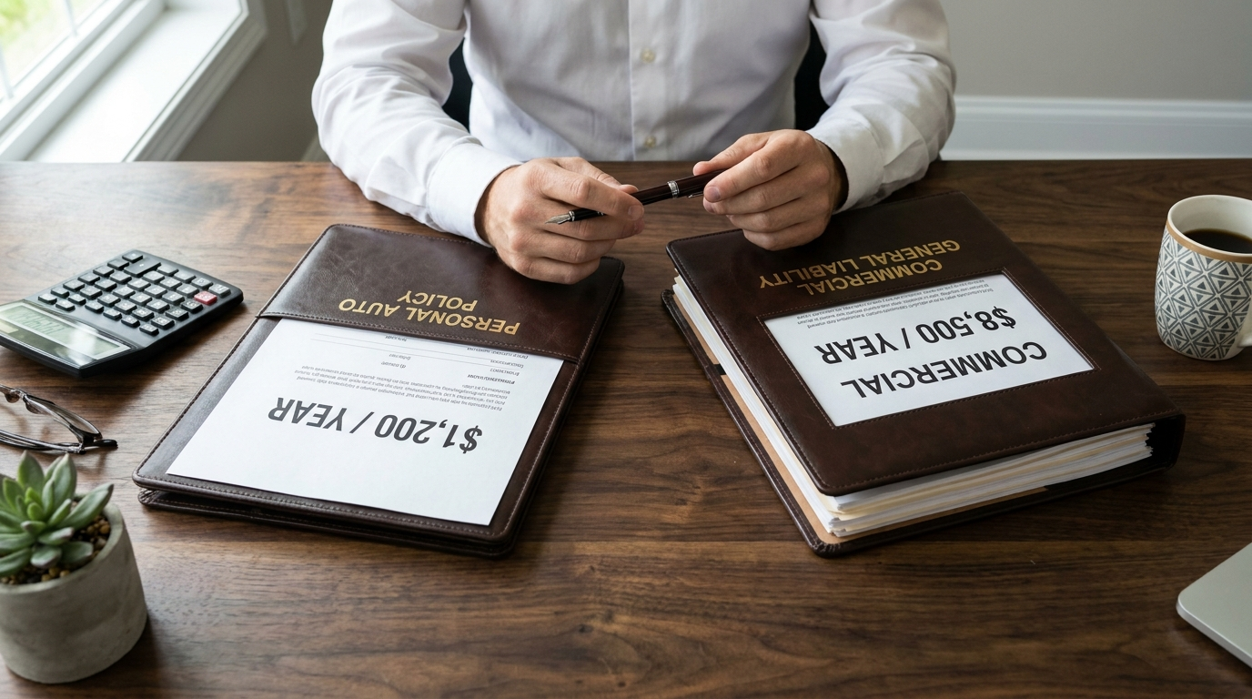 Two policy folders side-by-side: $1,200 personal auto vs $8,500 commercial GL