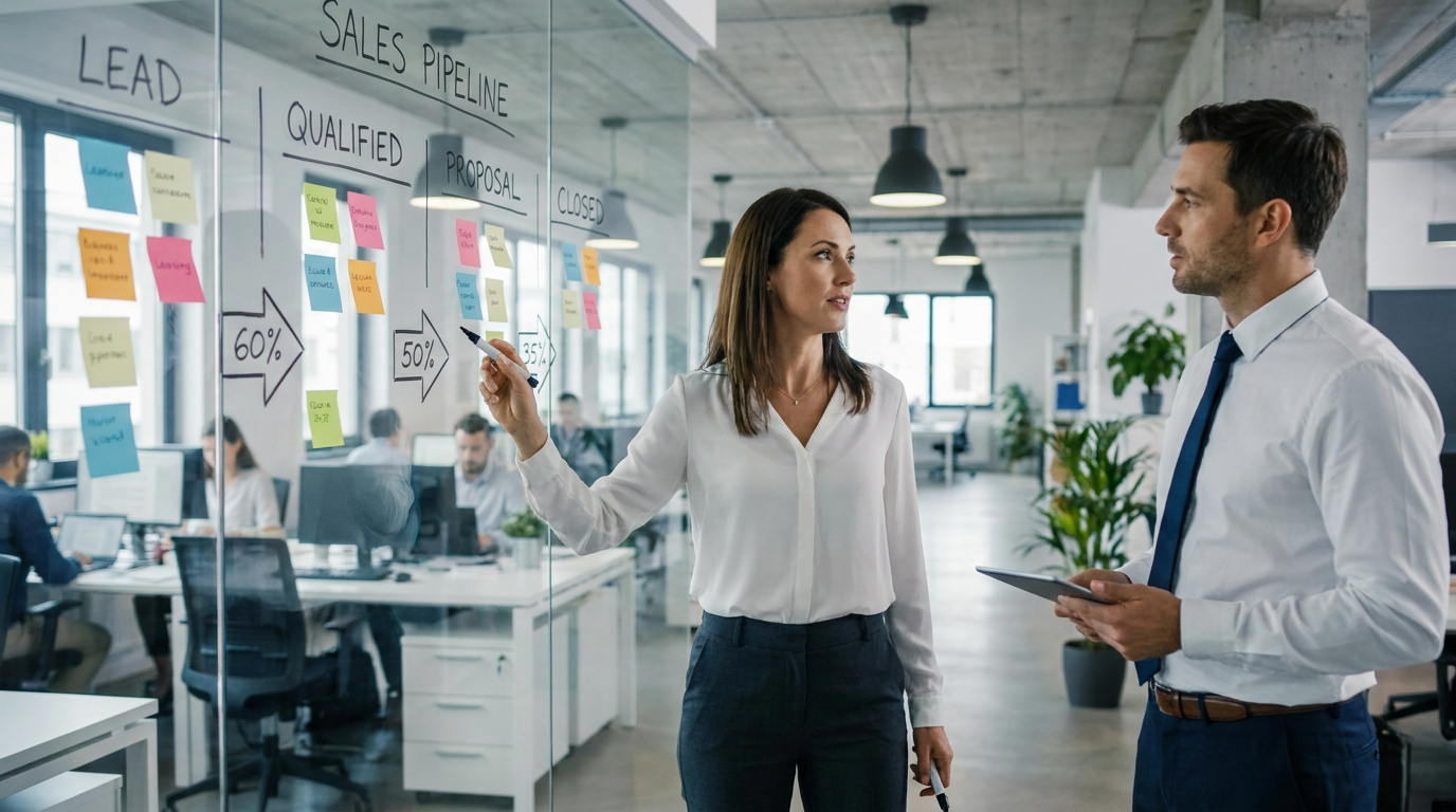 Sales manager pointing at sales pipeline stages on a glass wall