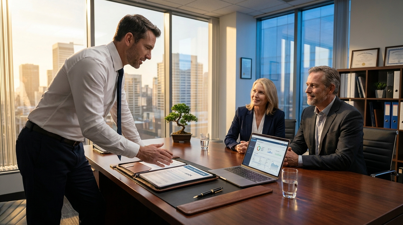 Insurance producer meeting with a high-value commercial client couple