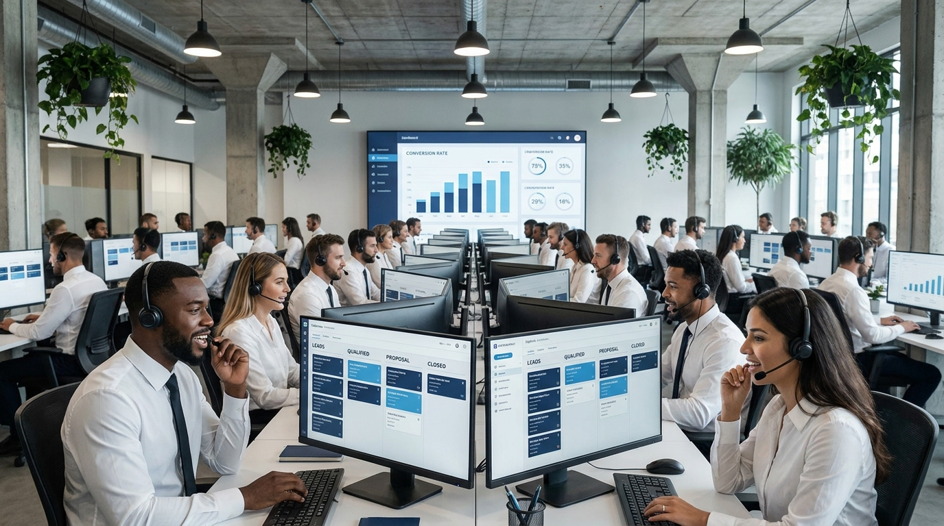 Insurance call center floor with sales pipeline dashboards