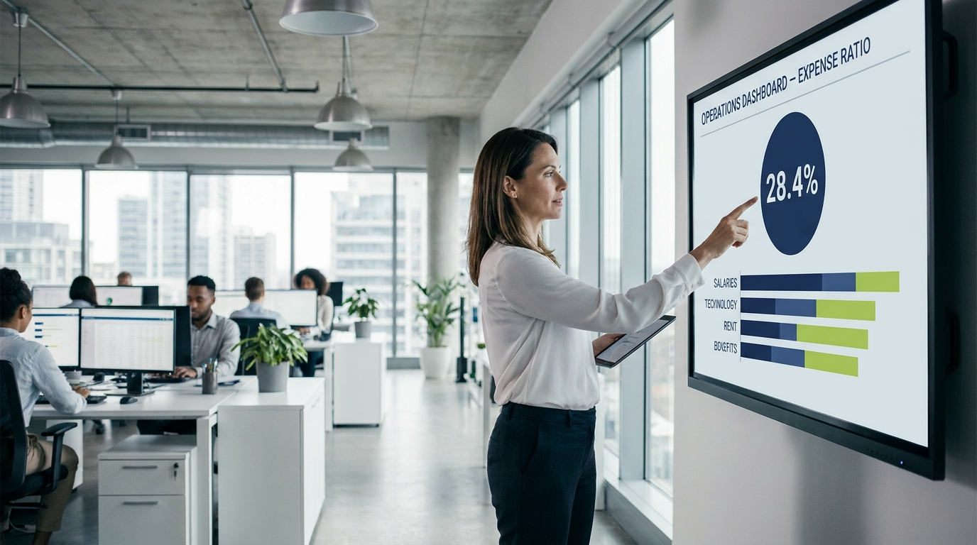 Operations manager reviewing expense ratio breakdown on display