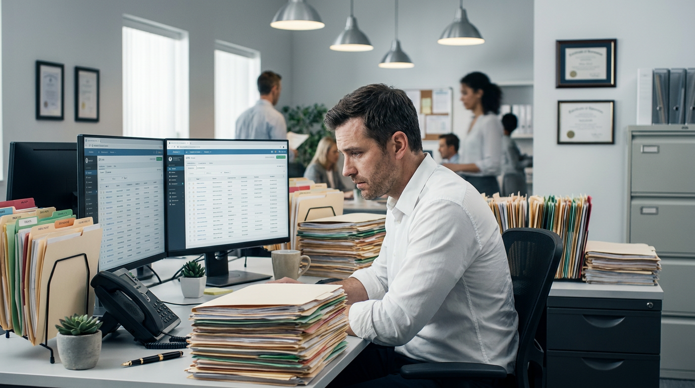 Producer at desk managing hundreds of policy folders and a CRM dashboard