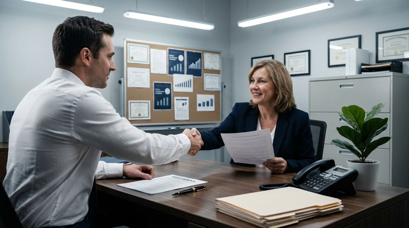 Insurance producer shaking hands with a renewing client