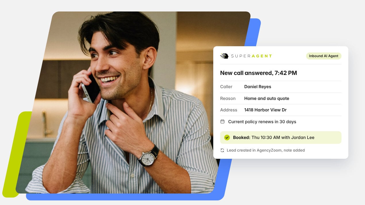 Insurance agency AI agent answering an after-hours new-business call and booking a producer